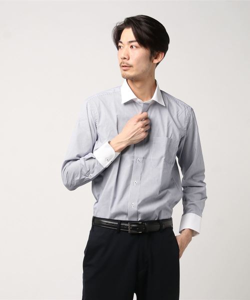 長袖シャツ 形態安定 ブルーストライプ柄 クレリックセミワイド 通年 長袖シャツ 形態安定 ブルーストライプ柄 クレリックセミワイド 通年