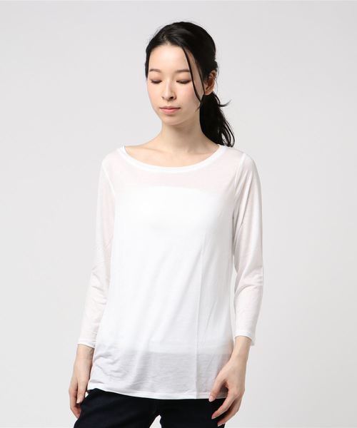 three dots(スリードッツ)の「テンセル ボートネック 七分袖(Tシャツ/カットソー・レディース・ネイビー/グレイッシュベージュ/ホワイト・MEDIUM/SMALL)」の2枚目の写真