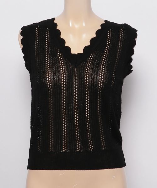 KOBE LETTUCE（コウベレタス）の「クロシェ編み×スカラップVネックノースリーブサマーニットトップス/レディース[C3314]神戸レタス（タンクトップ・レディース・オフホワイト/ブラック/グリーン・FREE）」の6枚目の写真