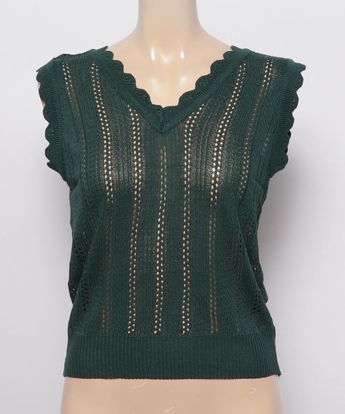 KOBE LETTUCE（コウベレタス）の「クロシェ編み×スカラップVネックノースリーブサマーニットトップス/レディース[C3314]神戸レタス（タンクトップ・レディース・オフホワイト/ブラック/グリーン・FREE）」の7枚目の写真