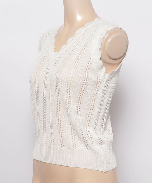 KOBE LETTUCE（コウベレタス）の「クロシェ編み×スカラップVネックノースリーブサマーニットトップス/レディース[C3314]神戸レタス（タンクトップ・レディース・オフホワイト/ブラック/グリーン・FREE）」の4枚目の写真