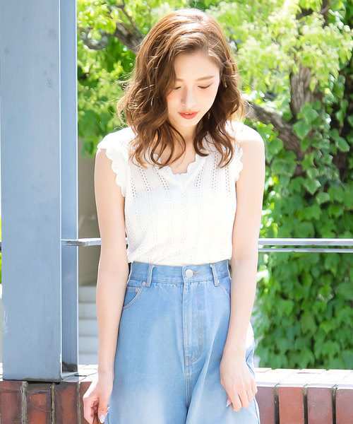 KOBE LETTUCE（コウベレタス）の「クロシェ編み×スカラップVネックノースリーブサマーニットトップス/レディース[C3314]神戸レタス（タンクトップ・レディース・オフホワイト/ブラック/グリーン・FREE）」の10枚目の写真