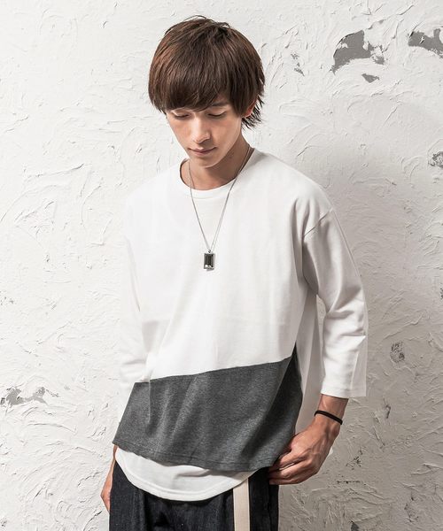 MinoriTY（マイノリティ）の「バイカラーポンチ素材8分袖ビッグTシャツ（Tシャツ/カットソー・メンズ・ホワイト系その他/ブラック系その他/グレー系その他/ブラウン系その他/グリーン系その他/パープル系その他・M/L）」の3枚目の写真