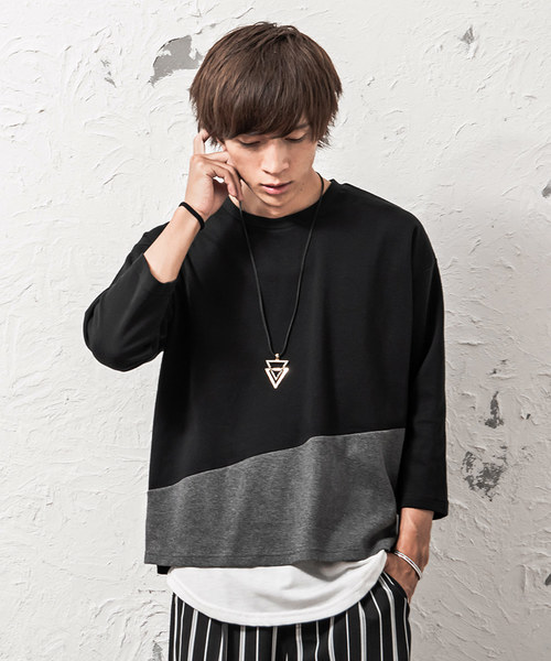 MinoriTY（マイノリティ）の「バイカラーポンチ素材8分袖ビッグTシャツ（Tシャツ/カットソー・メンズ・ホワイト系その他/ブラック系その他/グレー系その他/ブラウン系その他/グリーン系その他/パープル系その他・M/L）」の4枚目の写真