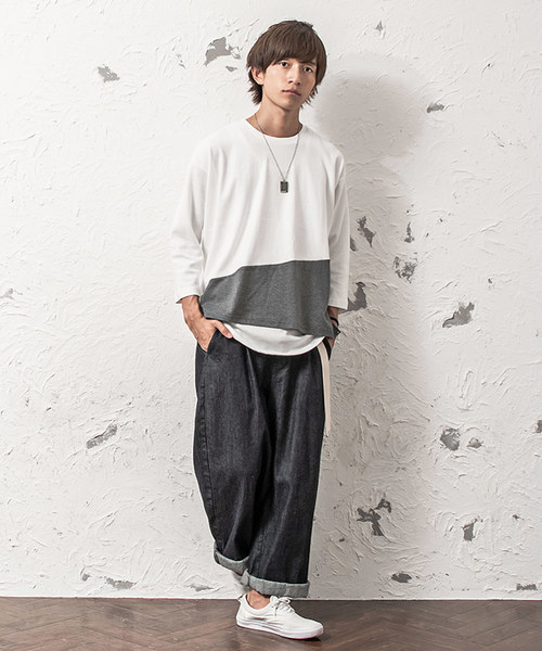 MinoriTY（マイノリティ）の「バイカラーポンチ素材8分袖ビッグTシャツ（Tシャツ/カットソー・メンズ・ホワイト系その他/ブラック系その他/グレー系その他/ブラウン系その他/グリーン系その他/パープル系その他・M/L）」の7枚目の写真