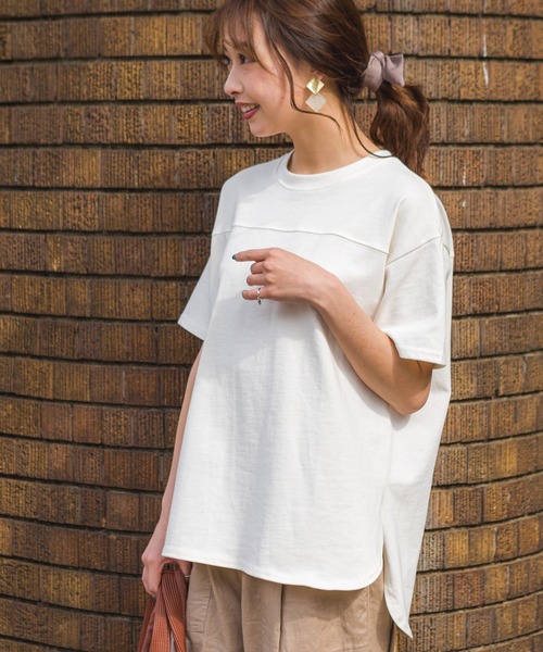 SpRay（スプレイ）の「切替ラウンド　Ｔシャツ（Tシャツ/カットソー・レディース・オレンジ/オフホワイト/チャコールグレー/グレイッシュベージュ/ブラック/ブラウン/カーキ/パープル・FREE）」の3枚目の写真