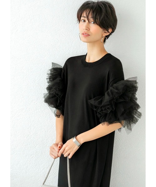 STYLE DELI(スタイルデリ)の「ボリュームチュール袖ロングニットワンピース(ワンピース・レディース・ブラック/グリーン・01/02)」の6枚目の写真
