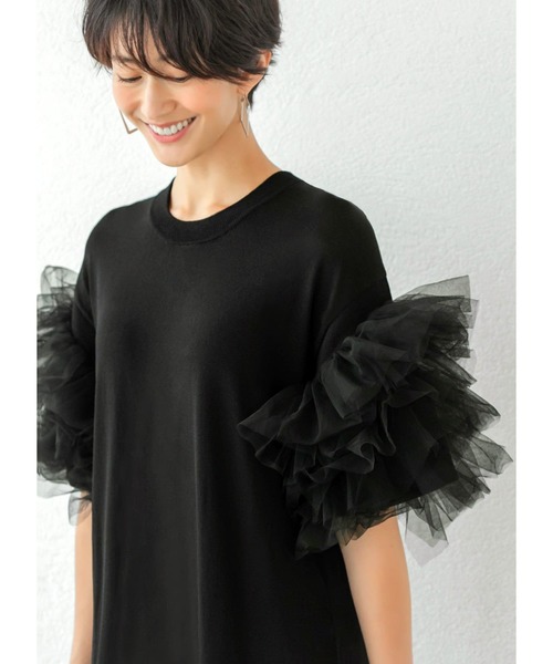 STYLE DELI(スタイルデリ)の「ボリュームチュール袖ロングニットワンピース(ワンピース・レディース・ブラック/グリーン・01/02)」の11枚目の写真
