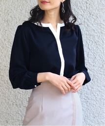 配色パールボタンスキッパーブラウス