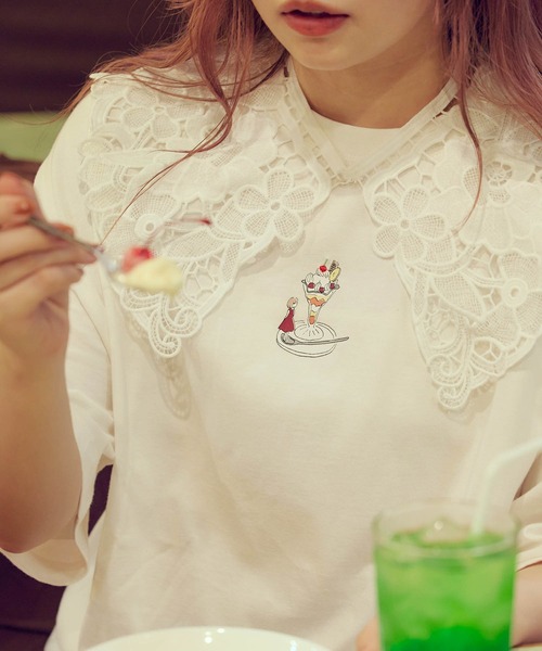 timecapsule（タイムカプセル）の「【timecapsule】「パフェと女の子」プリント刺繍入り半袖ビッグTシャツ（Tシャツ/カットソー・レディース・ホワイト/ミント/ベージュ系その他/ライトベージュ・FREE）」の11枚目の写真