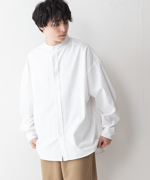 UNIIT(ユニット)の「【UNIIT】コットンリネン バンドカラー(ノーカラー)シャツ ややルーズシルエット(ビッグシルエット)(シャツ/ブラウス・メンズ・ホワイト/ライトブルー/ブラック/ベージュ・MEDIUM/LARGE)」の2枚目の写真