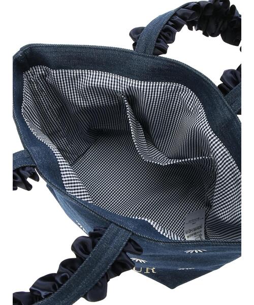 インディゴグラデデニム♡刺繍のショルダーバッグ♡フリルリボン猫ちゃん インディゴグラデデニム刺繍のショルダーバッグフリルリボン猫ちゃん