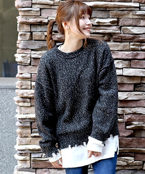 チチカカ（チチカカ）の「ブロークンメランジニット　プルオーバー（ニット/セーター・レディース・ブラック/ベージュ/ブラウン・FREE）」の2枚目の写真