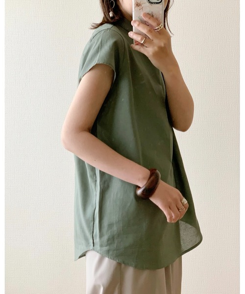 She's Closet（シーズクローゼット）の「[WEARISTA maiko × She's Closetコラボ] スタンドカラーフレンチスリーブリネンコットンチュニックブラウス（シャツ/ブラウス・レディース・ナチュラル/オリーブ/ブラック・SHORT/FREE/TALL）」の19枚目の写真