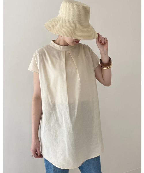 She's Closet（シーズクローゼット）の「[WEARISTA maiko × She's Closetコラボ] スタンドカラーフレンチスリーブリネンコットンチュニックブラウス（シャツ/ブラウス・レディース・ナチュラル/オリーブ/ブラック・SHORT/FREE/TALL）」の13枚目の写真