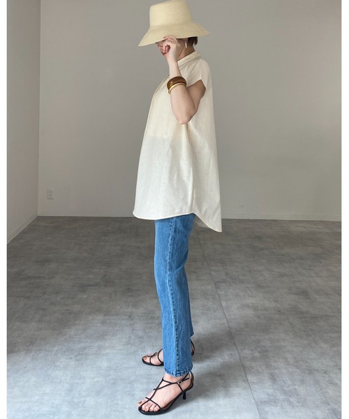 She's Closet（シーズクローゼット）の「[WEARISTA maiko × She's Closetコラボ] スタンドカラーフレンチスリーブリネンコットンチュニックブラウス（シャツ/ブラウス・レディース・ナチュラル/オリーブ/ブラック・SHORT/FREE/TALL）」の20枚目の写真