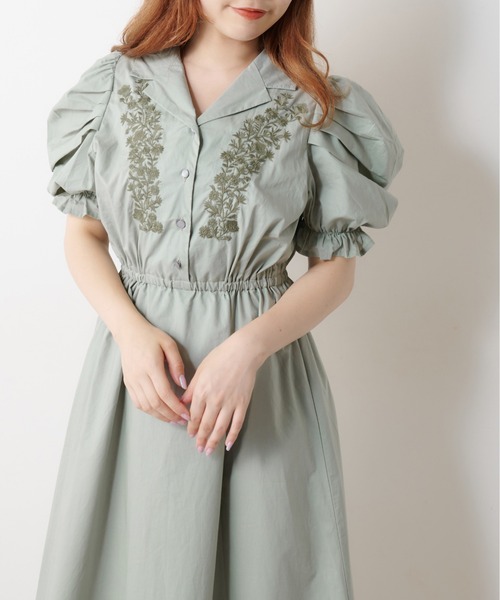 OLIVE des OLIVE（オリーブデオリーブ）の「パワショル開襟刺繍ワンピース（ワンピース・レディース・ブラウン/ライトブラウン/ミント・FREE）」の4枚目の写真