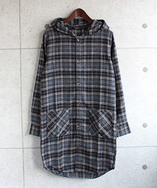 SHISKY(シスキー)の「ロング丈長袖フードネルシャツ(シャツ/ブラウス・メンズ・レッド系/グレー系/レッド系1/ネイビー系/ブラウン系/グリーン系・M/XL/L)」の2枚目の写真
