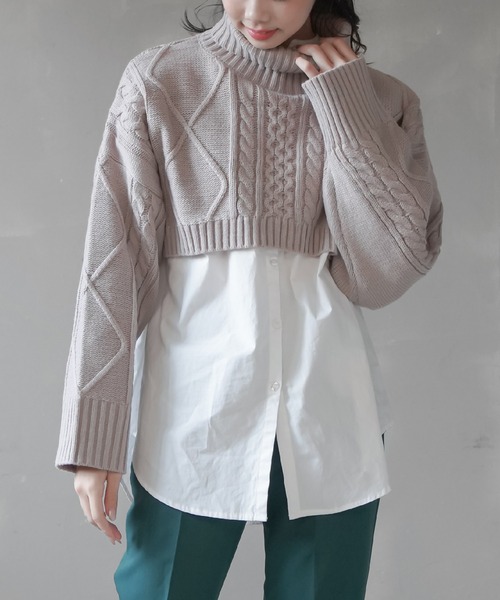 SPINNS（スピンズ）の「ショート丈 タートルネックニット（ニット/セーター・レディース・ブラック/アイボリー/グレイッシュベージュ・ONESIZE）」の3枚目の写真