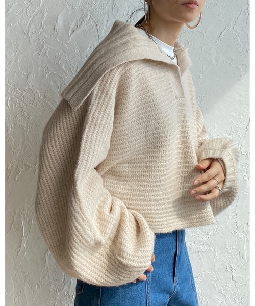 She's Closet(シーズクローゼット)の「ワイドリブ編み襟付きボリュームスリーブセーラーカラーニット(ニット/セーター・レディース・グレイッシュベージュ/アイボリー/オリーブ/ブラック・FREE)」の5枚目の写真