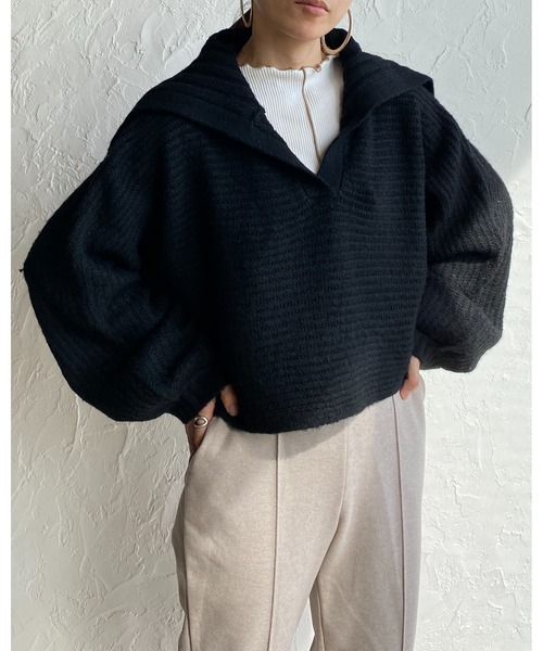 She's Closet(シーズクローゼット)の「ワイドリブ編み襟付きボリュームスリーブセーラーカラーニット(ニット/セーター・レディース・グレイッシュベージュ/アイボリー/オリーブ/ブラック・FREE)」の7枚目の写真