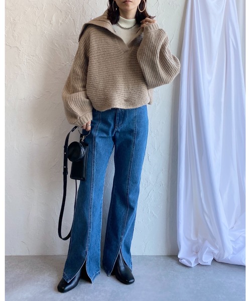 She's Closet(シーズクローゼット)の「ワイドリブ編み襟付きボリュームスリーブセーラーカラーニット(ニット/セーター・レディース・グレイッシュベージュ/アイボリー/オリーブ/ブラック・FREE)」の11枚目の写真