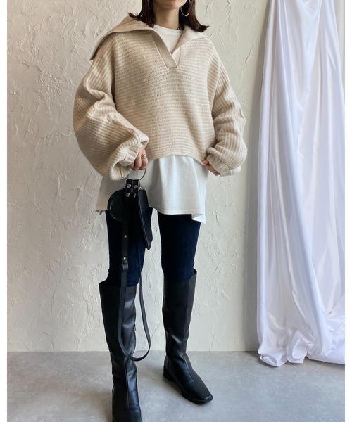 She's Closet(シーズクローゼット)の「ワイドリブ編み襟付きボリュームスリーブセーラーカラーニット(ニット/セーター・レディース・グレイッシュベージュ/アイボリー/オリーブ/ブラック・FREE)」の16枚目の写真