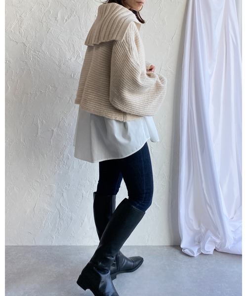 She's Closet(シーズクローゼット)の「ワイドリブ編み襟付きボリュームスリーブセーラーカラーニット(ニット/セーター・レディース・グレイッシュベージュ/アイボリー/オリーブ/ブラック・FREE)」の20枚目の写真