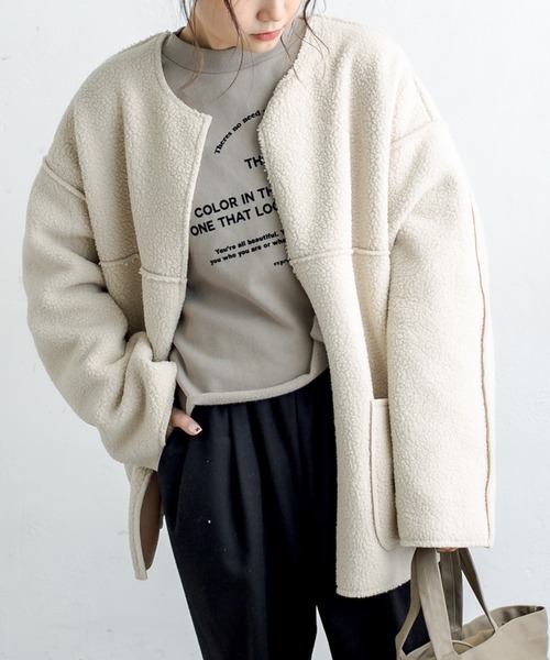 PUAL CE CIN（ピュアルセシン）の「2WAYリバーシブルショートコート（ノーカラージャケット・レディース・チャコールグレー/ブラウン系その他/ベージュ系その他・FREE）」の3枚目の写真