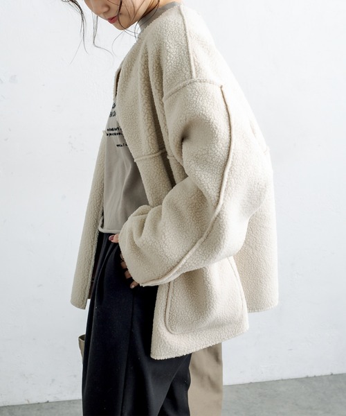 PUAL CE CIN（ピュアルセシン）の「2WAYリバーシブルショートコート（ノーカラージャケット・レディース・チャコールグレー/ブラウン系その他/ベージュ系その他・FREE）」の8枚目の写真