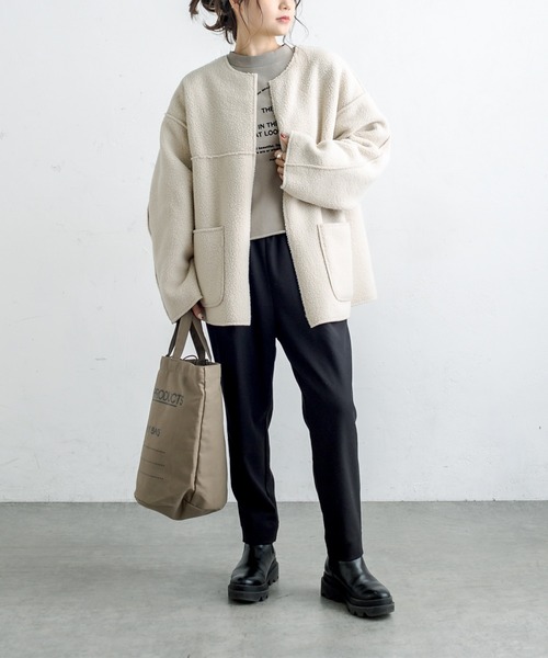 PUAL CE CIN（ピュアルセシン）の「2WAYリバーシブルショートコート（ノーカラージャケット・レディース・チャコールグレー/ブラウン系その他/ベージュ系その他・FREE）」の12枚目の写真