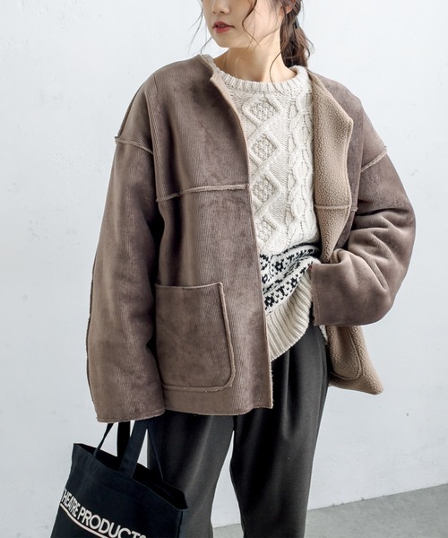 PUAL CE CIN（ピュアルセシン）の「2WAYリバーシブルショートコート（ノーカラージャケット・レディース・チャコールグレー/ブラウン系その他/ベージュ系その他・FREE）」の19枚目の写真