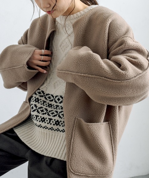 PUAL CE CIN（ピュアルセシン）の「2WAYリバーシブルショートコート（ノーカラージャケット・レディース・チャコールグレー/ブラウン系その他/ベージュ系その他・FREE）」の5枚目の写真