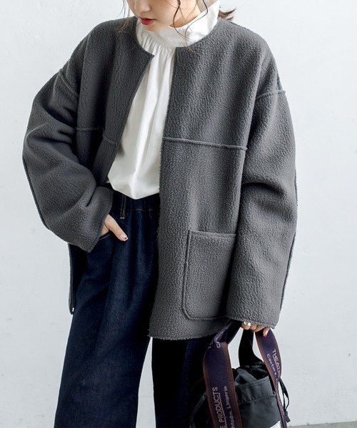 PUAL CE CIN（ピュアルセシン）の「2WAYリバーシブルショートコート（ノーカラージャケット・レディース・チャコールグレー/ブラウン系その他/ベージュ系その他・FREE）」の17枚目の写真