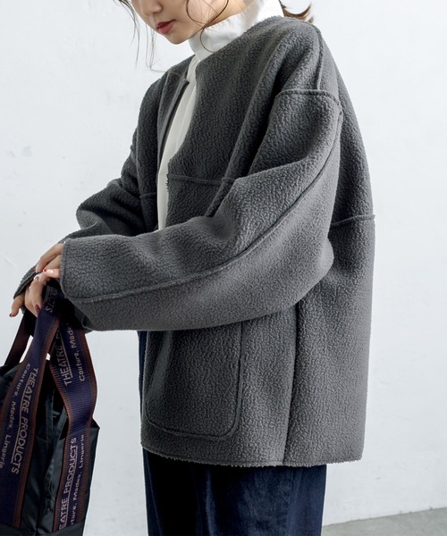 PUAL CE CIN（ピュアルセシン）の「2WAYリバーシブルショートコート（ノーカラージャケット・レディース・チャコールグレー/ブラウン系その他/ベージュ系その他・FREE）」の6枚目の写真