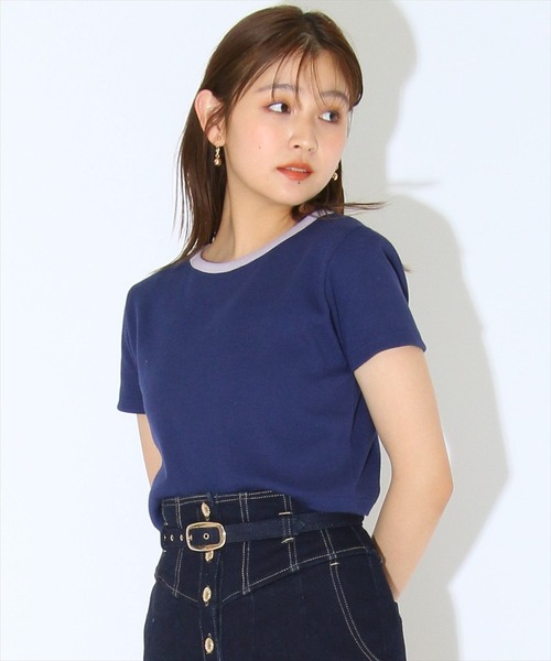 REDYAZEL(レディアゼル)の「リンガークロップドTシャツ(Tシャツ/カットソー・レディース・オフホワイト/ベージュ/ネイビー/ブラック・FREE)」の1枚目の写真
