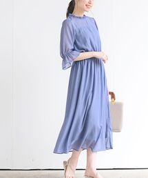 ラメ楊柳プチハイネック５分袖ワンピース