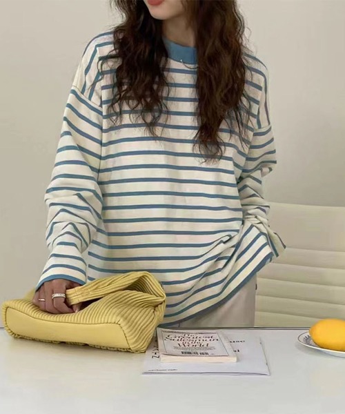 me+em select(ミームセレクト)の「【 5COLOR 】サイドスリットオーバーカラーボーダーニット(ニット/セーター・レディース・ブラック/パープル/ブルーグレー/グリーン/ピンク・FREE)」の3枚目の写真
