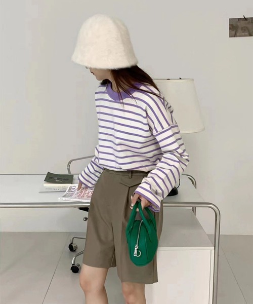 me+em select(ミームセレクト)の「【 5COLOR 】サイドスリットオーバーカラーボーダーニット(ニット/セーター・レディース・ブラック/パープル/ブルーグレー/グリーン/ピンク・FREE)」の6枚目の写真