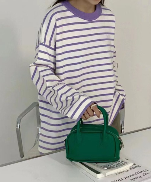 me+em select(ミームセレクト)の「【 5COLOR 】サイドスリットオーバーカラーボーダーニット(ニット/セーター・レディース・ブラック/パープル/ブルーグレー/グリーン/ピンク・FREE)」の8枚目の写真