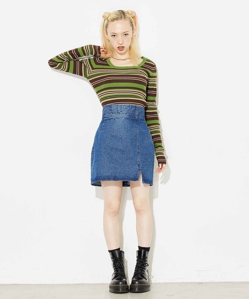 X-girl（エックスガール）の「MULTI STRIPE KNIT TOP（ニット/セーター・レディース・ベージュ/グリーン/ブラック・ONE SIZE）」の7枚目の写真