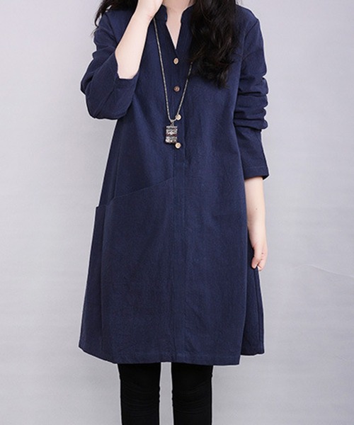 Amulet(アミュレット)の「ノーカラーシャツワンピース(シャツワンピース・レディース・グリーン/ネイビー/ワインレッド・XL/L/M)」の15枚目の写真