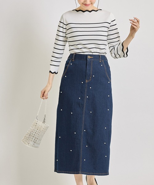 tocco closet（トッコ　クローゼット）の「ポケット付きパールモチーフ装飾デニムロングスカート（デニムスカート・レディース・ブラック/インディゴブルー/ネイビー・M）」の7枚目の写真