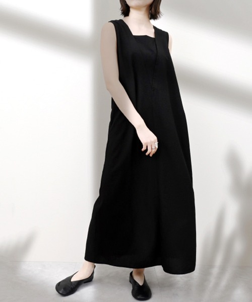 STYLEBLOCK(スタイルブロック)の「リネンタッチVネックデザインノースリーブワンピース(ワンピース・レディース・オレンジ/ライトベージュ/ブラック・M)」の2枚目の写真
