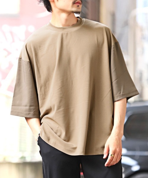 LUXSTYLE(ラグスタイル)の「カットジョーゼット異素材切替Tシャツ(Tシャツ/カットソー・メンズ・ベージュ/ブラック/グレー・M/L)」の1枚目の写真