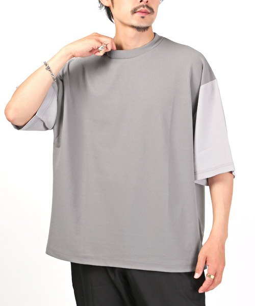 LUXSTYLE(ラグスタイル)の「カットジョーゼット異素材切替Tシャツ(Tシャツ/カットソー・メンズ・ベージュ/ブラック/グレー・M/L)」の3枚目の写真