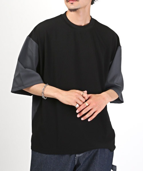 LUXSTYLE(ラグスタイル)の「カットジョーゼット異素材切替Tシャツ(Tシャツ/カットソー・メンズ・ベージュ/ブラック/グレー・M/L)」の2枚目の写真