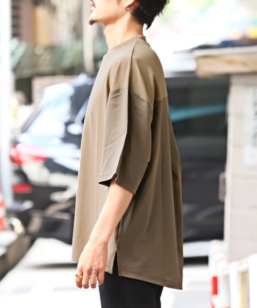 LUXSTYLE(ラグスタイル)の「カットジョーゼット異素材切替Tシャツ(Tシャツ/カットソー・メンズ・ベージュ/ブラック/グレー・M/L)」の6枚目の写真