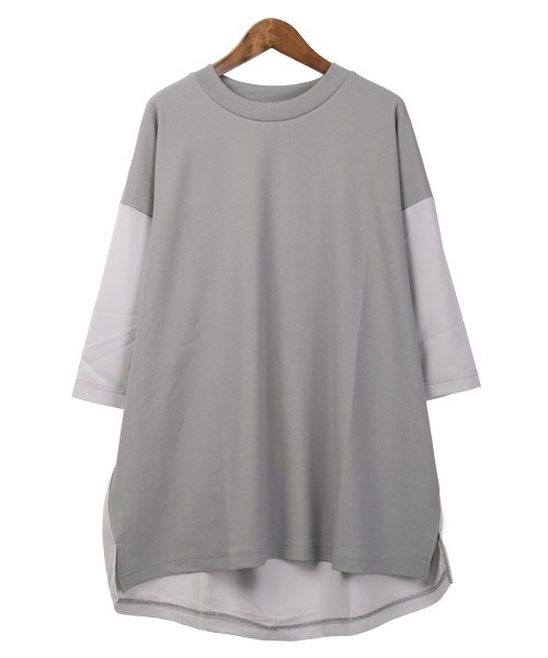 LUXSTYLE(ラグスタイル)の「カットジョーゼット異素材切替Tシャツ(Tシャツ/カットソー・メンズ・ベージュ/ブラック/グレー・M/L)」の7枚目の写真