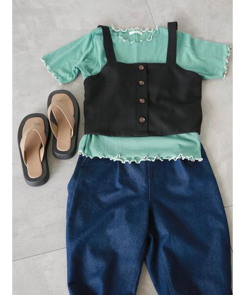 ehka sopo（エヘカソポ）の「配色メロー半袖テレコカットソー（Tシャツ/カットソー・レディース・ミント/オフホワイト/ブラック/ライトベージュ・F）」の13枚目の写真